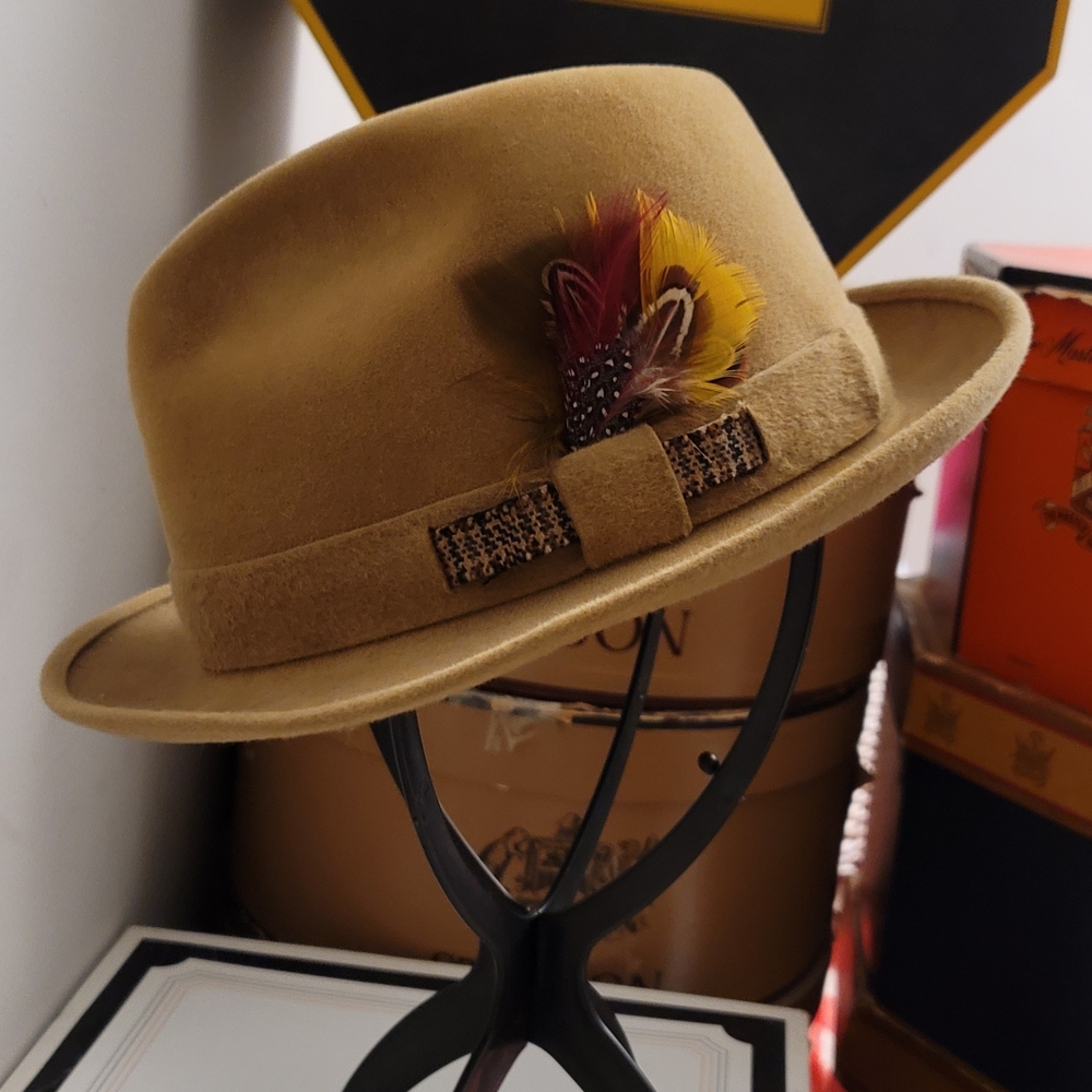 Stetson Tan Fedora with Feather Accent